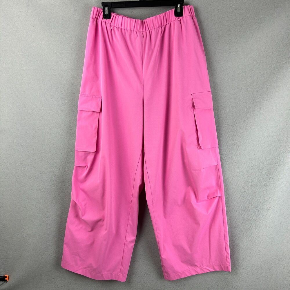 Shein Womens 1XL Pink Wide Leg Cargo Pants Elastic Waist Flap Pocket Pull On